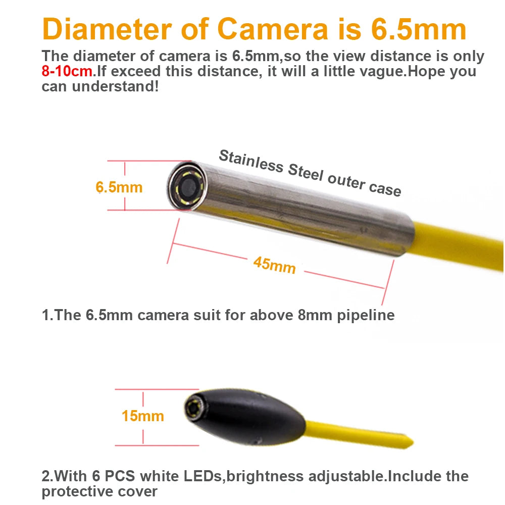 6.5mm Lens 9"WiFi SYANSPAN Pipe Inspection Camera IP68 Video Camera Drain Sewer Pipeline Industrial Endoscope with Meter Counter