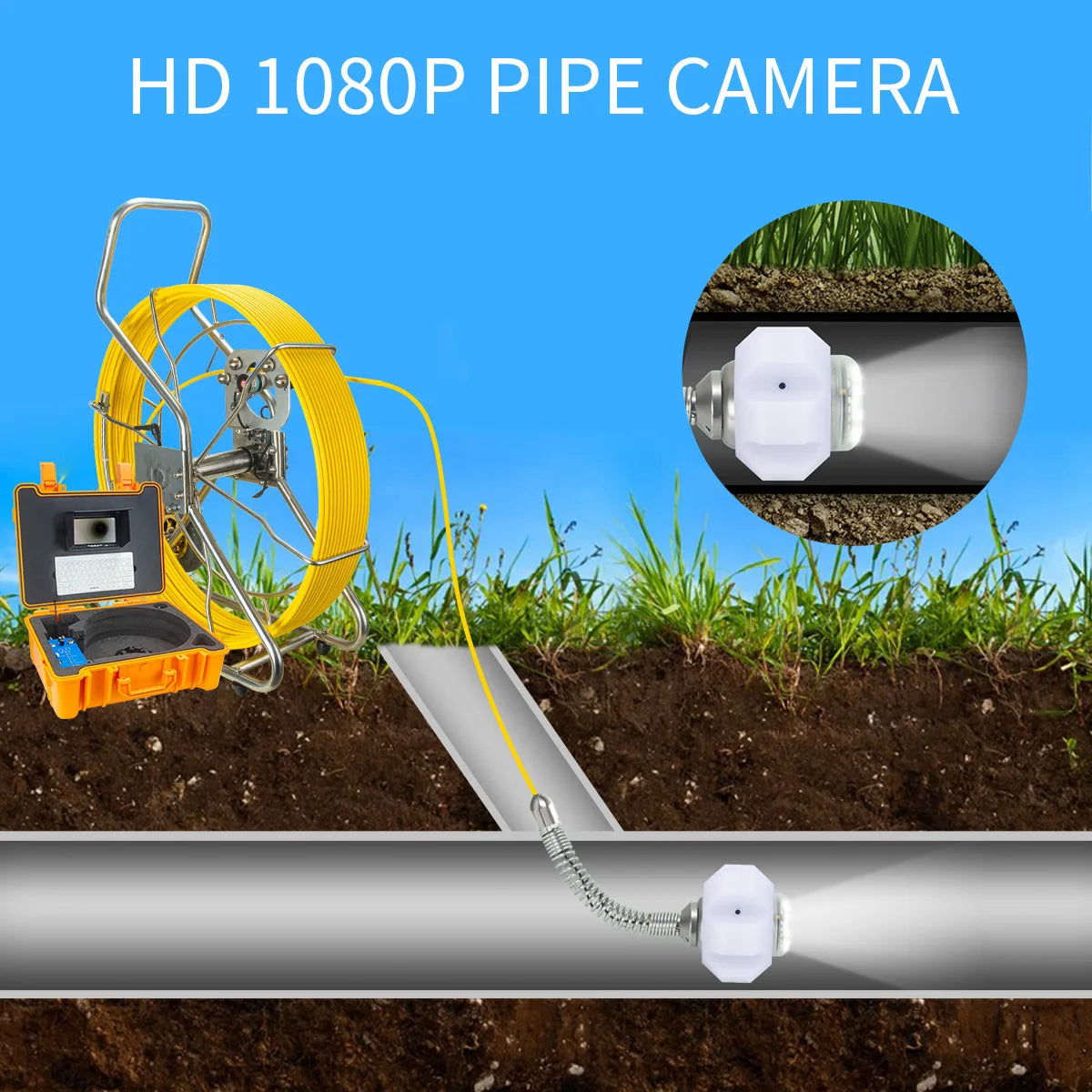 9mm Dia Cable Image Self-leveling 7" HD DVR Pipe Inspection Camera,SYANSPAN 20/30/50/100/200M Sewer Industrial Endoscope 1080P