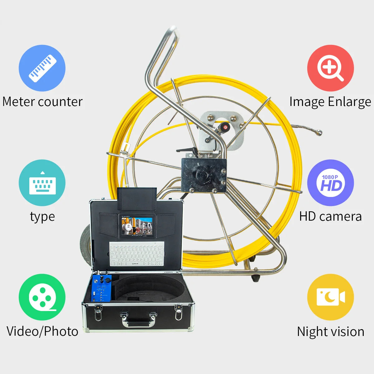 9mm Cable Pipe Inspection Camera, SYANSPAN 7" HD Screen Sewer Cameras with DVR 10-200M Drain Industrial Endoscope 1080P