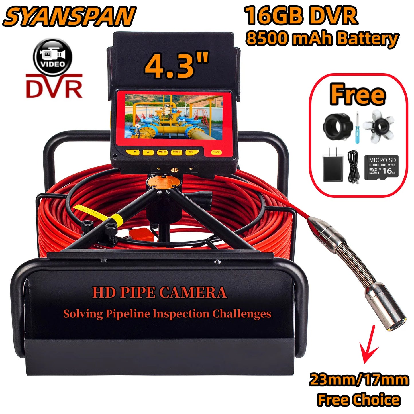 Cámara de inspección de tuberías de alcantarillado industrial SYANSPAN IP68 con tarjeta DVR de 16 GB y capacidad de batería de 8500 mAh, cámara endoscópica HD