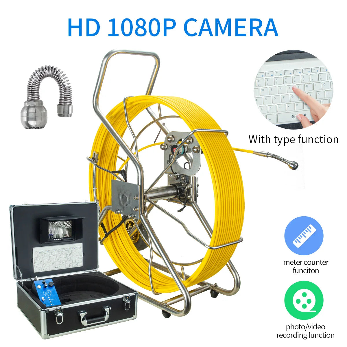 9mm Cable Pipe Inspection Camera, SYANSPAN 7" HD Screen Sewer Cameras with DVR 10-200M Drain Industrial Endoscope 1080P