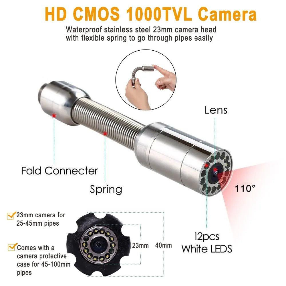 9mm Cable Pipe Inspection Camera 20-200M, SYANSPAN 9" HD Screen Sewer Camera with DVR 16GB Card Drain Industrial Endoscope