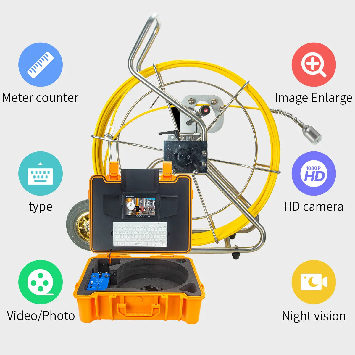 9mm Dia Cable Image Self-leveling 7" HD DVR Pipe Inspection Camera,SYANSPAN 20/30/50/100/200M Sewer Industrial Endoscope 1080P