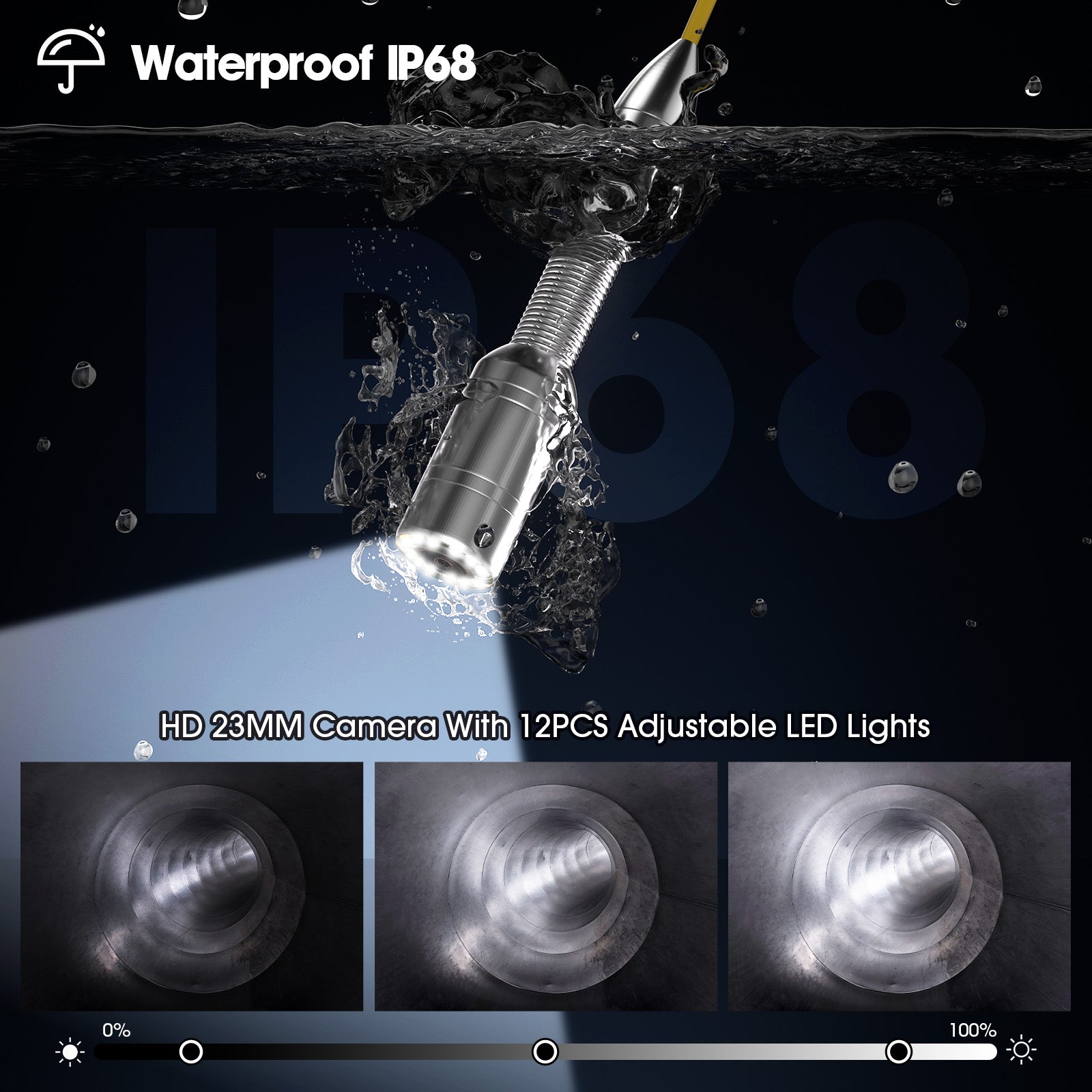 Camera IP68 waterproof, camera light adjustable in 3 sizes